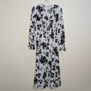 SHEIN* Women's Long Sleeve Cros body V-Neck Smock Waist Maxi Floral Dress~Medium